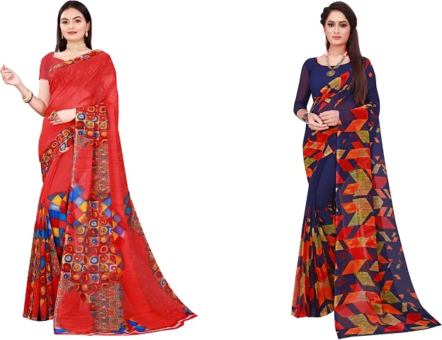 Stylish Fancy Georgette Saree With Blouse Piece Combo For Women Pack Of 2