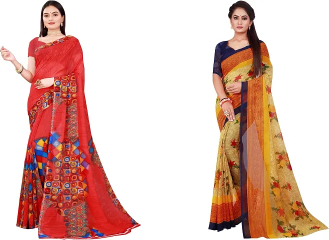 Elegant Daily Wear Georgette Women Saree With Blouse Piece -Pack Of 2