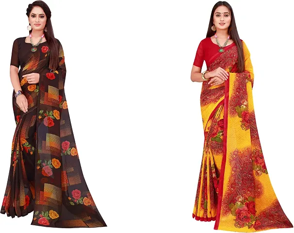 Elegant Daily Wear Georgette Women Saree With Blouse Piece -Pack Of 2