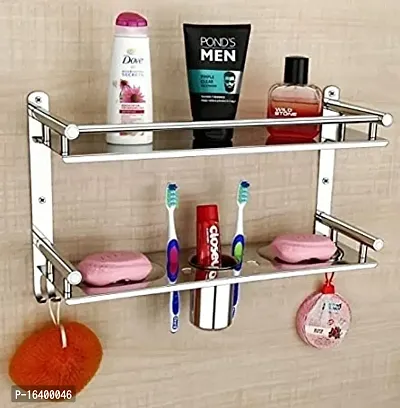 Stainless Steel Multi-Use Rack, Bathroom Shelf, Soap Stand Tumbler Holder Toothbrush Holder Bathroom Stand Bathroom Rack Bathroom Accessories Number Of Shelves - 2, Silver-thumb0