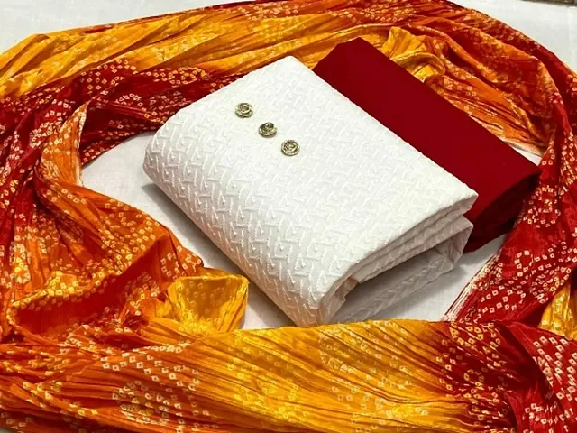 Fancy Cotton Chikankari Work Dress Material With Bandhani Dupatta
