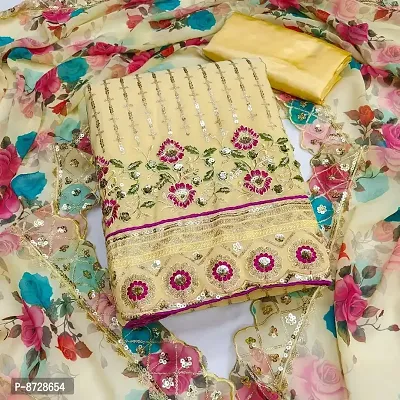 Alluring Yellow Faux Georgette Embroidered Sequence Work Women Dress Material with Dupatta