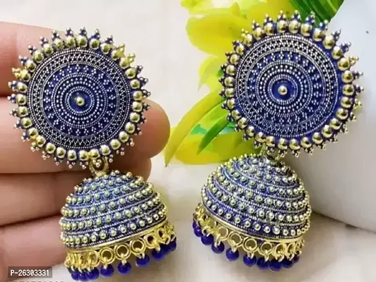 Twinkling Navy Blue Brass Beads Jhumkas Earrings For Women-thumb0