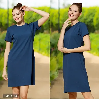 Stylish Navy Blue Cotton Blend Solid Dresses For Women-thumb0