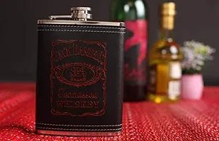 Generic Stainless Steel and Stitched Leather Hip Flask 7 Oz (206 Ml), Golden Word Printed Alcoholic Beverage Holder, Black-thumb2