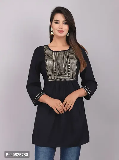 Premium Quality Navy Blue Viscose Rayon Stitched Short Kurta For Women