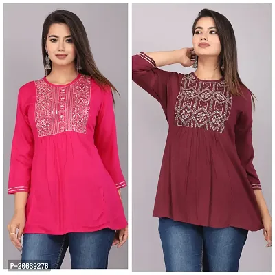 Premium Quality Multicoloured Viscose Rayon Stitched Short Kurta Combo For Women