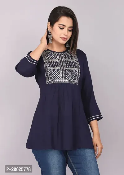 Premium Quality Navy Blue Viscose Rayon Stitched Short Kurta For Women-thumb0