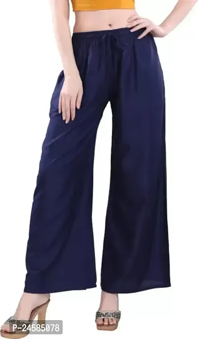Elegant Blue Cotton Solid Trousers For Women-thumb0