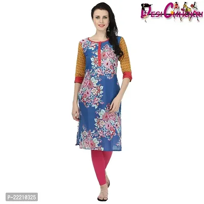 DESI CHHOKRI Blue  Red Round Neck Cotton Kurti-thumb0