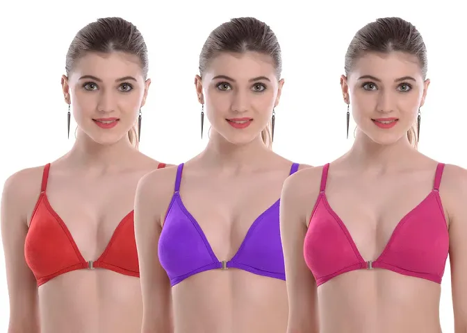 TOUCHLINE Women's Front Open, Seamless, Deep Neck, Multicolor, Non-Padded, with Net in The Back for Elegant Look, Wireless Plunge Bra. (Pack of 3).