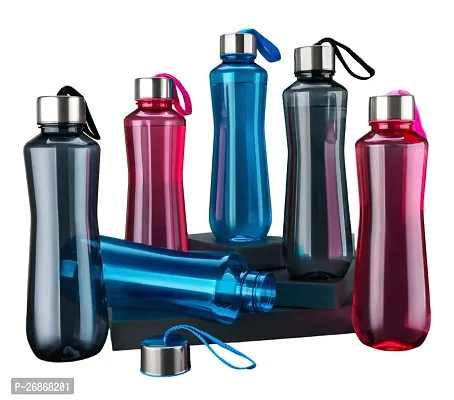 Ezreal H2O Round Multicolor 6 Pcs Fridge Water Bottle 1000 ml Bottle  (Pack of 6, Black, Blue, Pink, Plastic)-thumb0