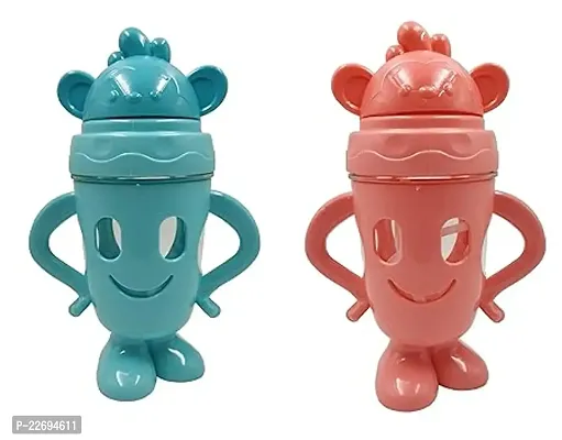 TRIBBO Spil Proof Baby Sipper Smiling Bunny Face Design Water Bottle | Soft Silicon Spout and Straw Sipper for Girls  Boys | (Pack of 2)200 ml (MULTICOLOUR)-thumb4