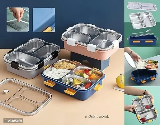 TRIBBO Lunch Box Sealed Leakage Proof Stainless Steel Lunch Box with Fork,Chopstick  Spoon Lid Office Food Container 3 Compartment for School Kids and Adults-thumb4