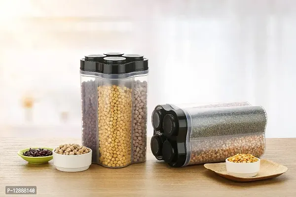 Airtight Transparent Plastic Lock Food Storage 4 Section Container Jar for GroceryPack of 2, Fridge Container And Containers, Kitchen Storage Box And Container Set for Sugar, Coffee, Rice etc. (Black)