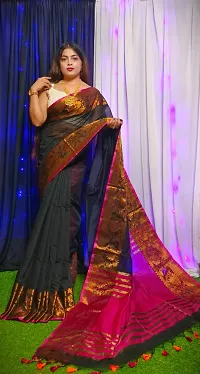 Stylish Cotton Black Solid Saree With Blouse Piece For Women-thumb1