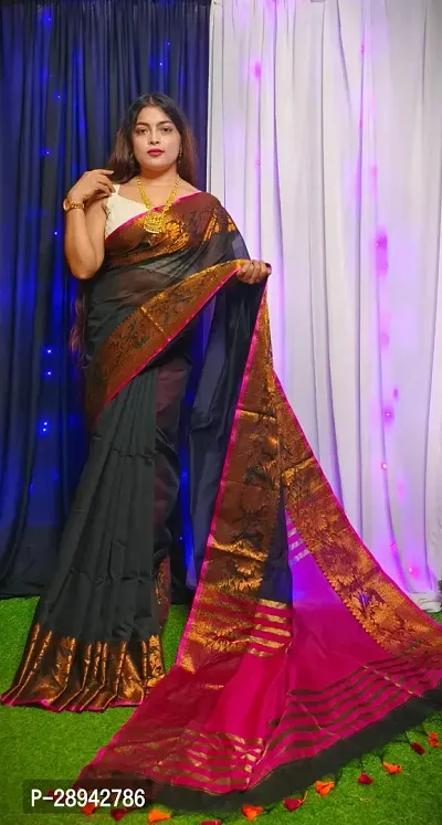 Stylish Cotton Black Solid Saree With Blouse Piece For Women-thumb2