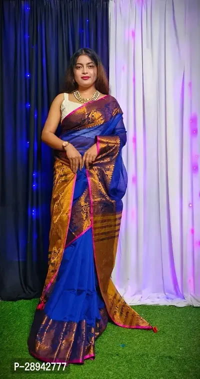 Stylish Cotton Blue Solid Saree With Blouse Piece For Women-thumb2