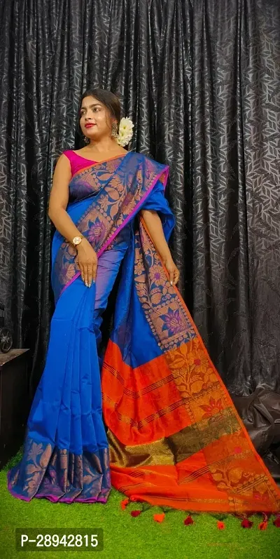 Stylish Cotton Blue Solid Saree With Blouse Piece For Women-thumb2