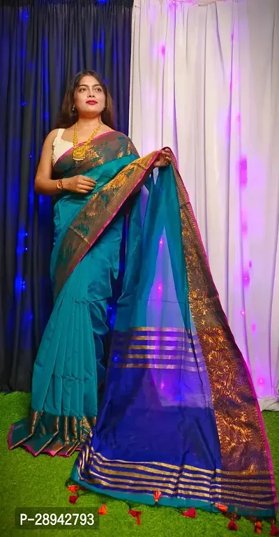 Stylish Cotton Sky Blue Solid Saree With Blouse Piece For Women-thumb5