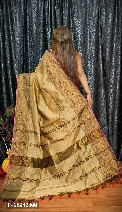 Stylish Cotton Beige Solid Saree With Blouse Piece For Women-thumb2