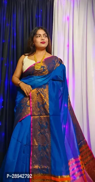 Stylish Cotton Blue Solid Saree With Blouse Piece For Women-thumb4