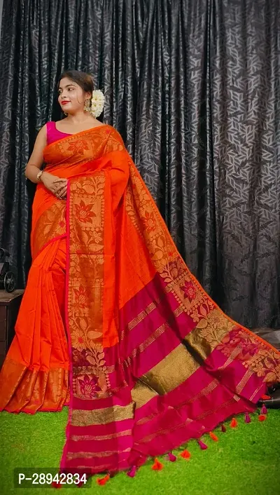 Stylish Cotton Orange Solid Saree With Blouse Piece For Women-thumb3