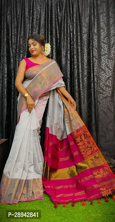 Stylish Cotton Grey Solid Saree With Blouse Piece For Women-thumb0