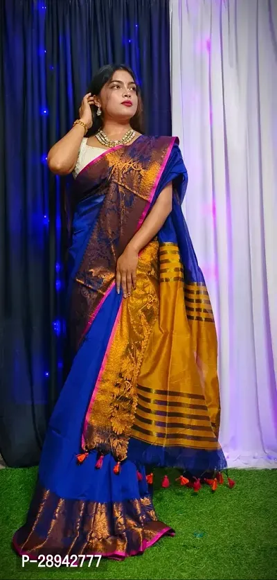 Stylish Cotton Blue Solid Saree With Blouse Piece For Women-thumb4