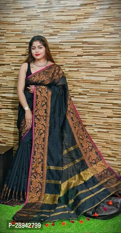 Stylish Cotton Black Solid Saree With Blouse Piece For Women-thumb0