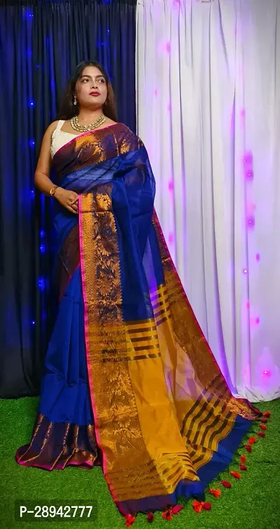 Stylish Cotton Blue Solid Saree With Blouse Piece For Women-thumb5