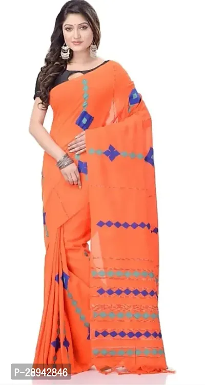 Stylish Cotton Orange Self Pattern Saree Without Blouse Piece For Women