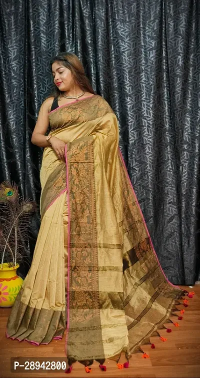 Stylish Cotton Beige Solid Saree With Blouse Piece For Women-thumb3