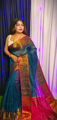 Stylish Cotton Blue Solid Saree With Blouse Piece For Women-thumb3