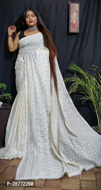 Elegant White  Cotton Chikankari Hakuba Saree-thumb0