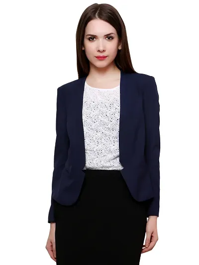 Contemporary Blue Polyester Solid Blazer For Women