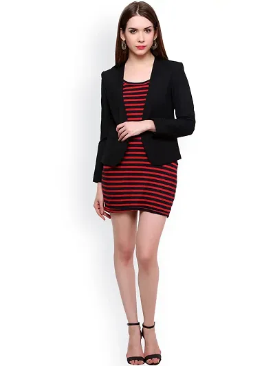 Contemporary Black Polyester Solid Blazer For Women