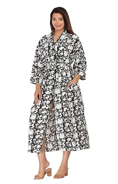 Elegant Cotton Printed Night Robe/Bath Robe/House Coat With Side Pocket For Women