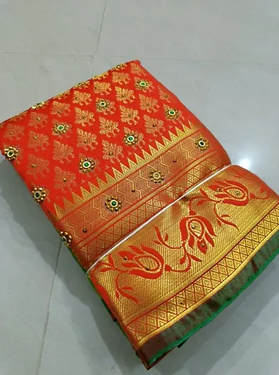 Kanjeevaram Brocade Silk Zari Woven Pattu Stone Work Sarees with Blouse Piece