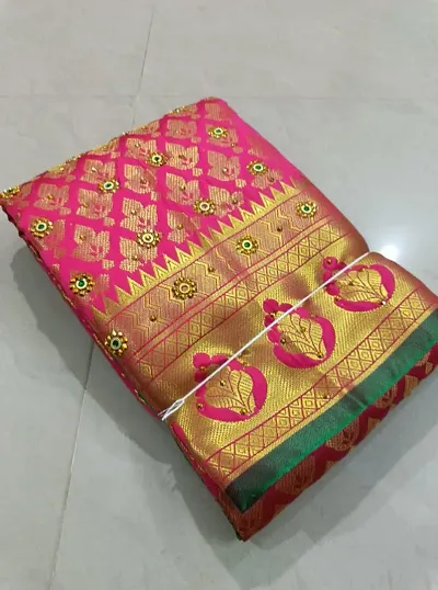 Kanjeevaram Brocade Silk Zari Woven Pattu Stone Work Sarees with Blouse Piece