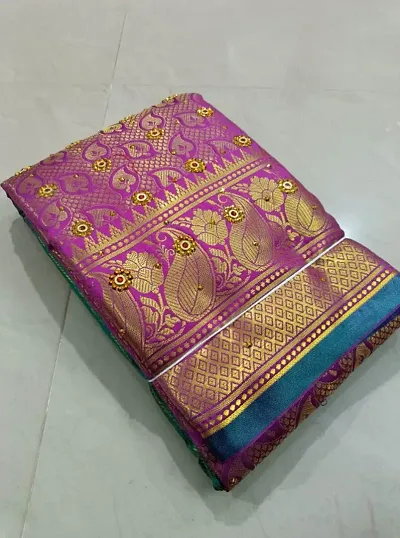 Kanjeevaram Brocade Silk Zari Woven Pattu Stone Work Sarees with Blouse Piece