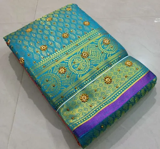 Kanjeevaram Brocade Silk Stone Work Zari Woven Pattu Sarees with Blouse Piece