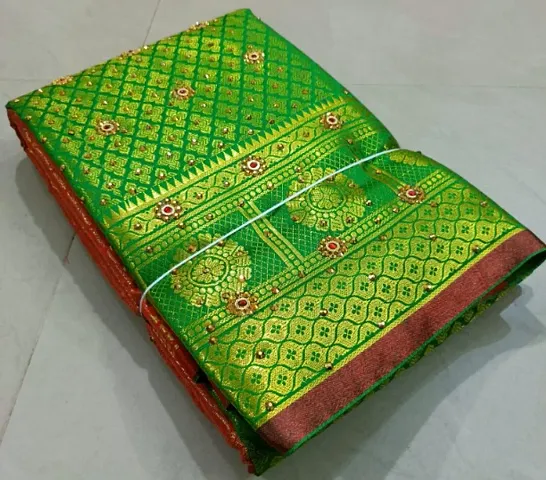 Kanjeevaram Brocade Silk Stone Work Zari Woven Pattu Sarees with Blouse Piece