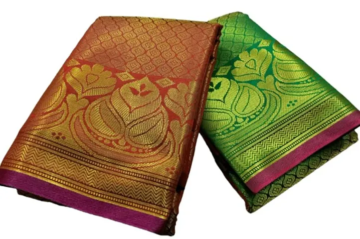Combo of 2 Kanjeevaram Brocade Silk Zari Woven Pattu Sarees with Blouse Piece