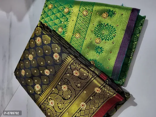 Combo of 2 Kanjeevaram Brocade Silk Stone Work Zari Woven Pattu Sarees with Blouse Piece-thumb0