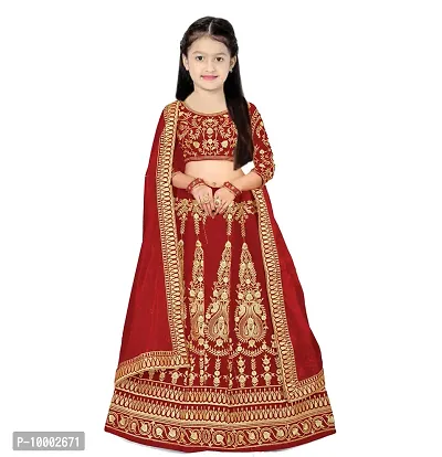 Tranditional Red Velvet Embroidered Semi Stitched Lehenga Cholis With Dupatta For Baby Girls-thumb0