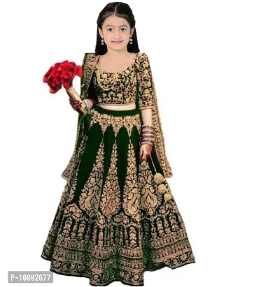 Tranditional Green Velvet Embroidered Semi Stitched Lehenga Cholis With Dupatta For Baby Girls
