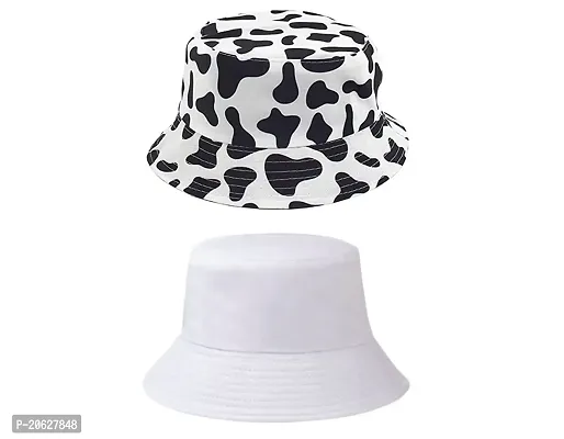 ILLARION CLASSYMESSI Combo Pack of 2 Bucket Hat White Shade Black Bucket Hats for Men and Women Cotton Hats for Girls Wide Brim Floppy Summer (HAT(Army, White))
