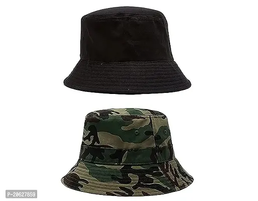 ILLARION CLASSYMESSI Combo Pack of 2 Bucket Hat White Shade Black Bucket Hats for Men and Women Cotton Hats for Girls Wide Brim Floppy Summer (HAT(Army, Black))