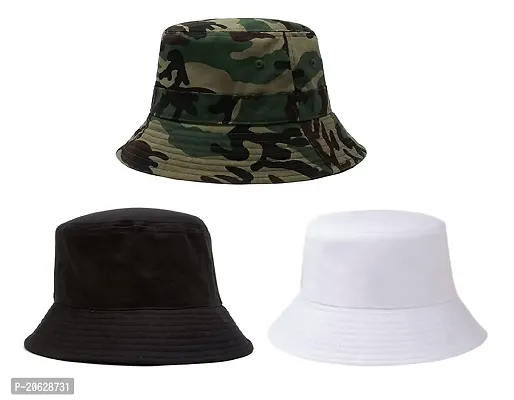 ILLARION CLASSYMESSI Combo Pack of 2 Bucket Hat White Shade Black Bucket Hats for Men and Women Cotton Hats for Girls Wide Brim Floppy Summer (HAT(White, Black, Army))